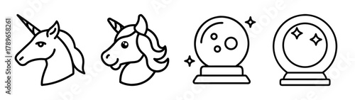 Unicorn and crystal ball outline icon set, magic fantasy theme