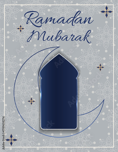 A poster in dark colors with a crescent moon, arched windows and the silhouette of a mosque. Minimalistic and modern style for Ramadan greetings, printing, email newsletters and social media posts
