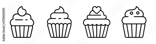Outline vector icons of various delicious cupcakes with frosting