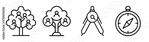 Family tree, social network, compass, and drawing tool line icons