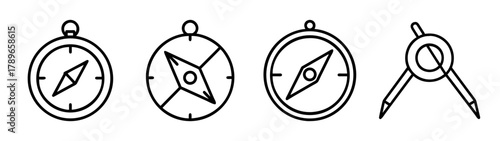 Compass navigation and drawing tools line icon set on white.