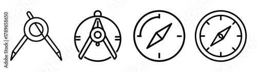 Directional compass and drafting compass vector line icons set