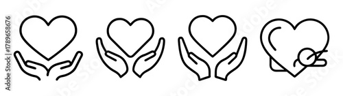Heart care and love hands outline icon set for health and charity.