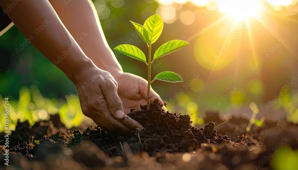 Fototapeta premium Hands Planting Green Seedling into Rich Soil with Warm Sunlight and Blurred Natural Background