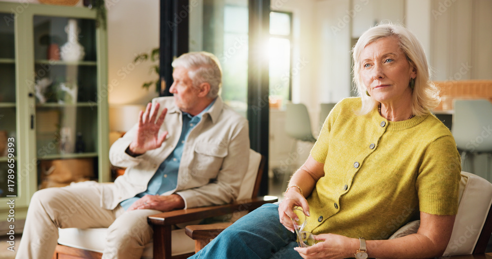 Obraz premium Ignore, woman and old couple with fight on sofa for toxic marriage, betrayal drama or disagreement. Flare, senior people and argument in home for relationship crisis, cheating accusation and divorce