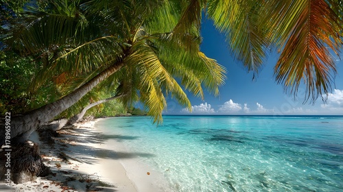 Escape to paradise with a stunning tropical beach scene featuring crystal clear turquoise waters, swaying palm trees, and pristine white sand under a vibrant blue sky