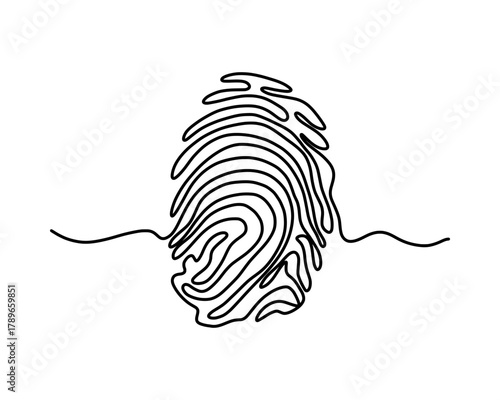 Continuous line drawing of human fingerprint. Minimalist, modern, and abstract vector concept for security, identity, and technology themes. Fingerprint one line drawing, isolated on white.