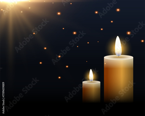 realistic two burning candle dark background with light effect
