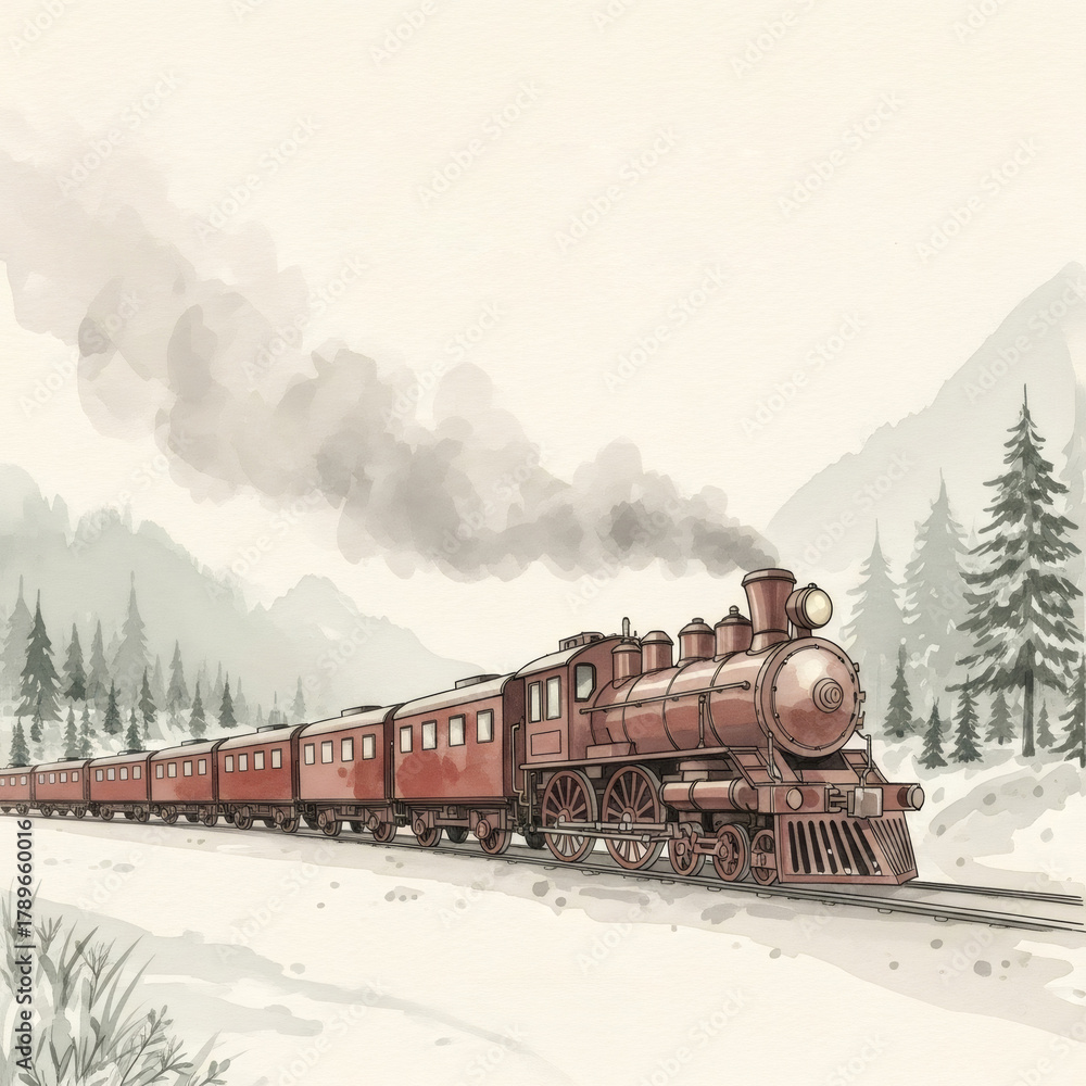 Fototapeta premium Illustration of red vintage steam train traveling through snowy winter landscape with pine trees. Christmas holiday and New Year journey concept.