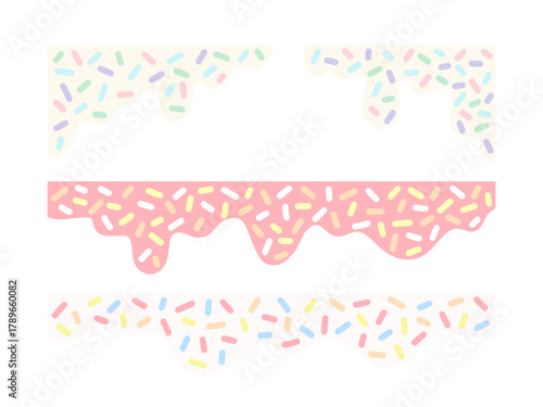 Easter borders and dividers decorated with sprinkles and confetti. Colorful, festive, and cute vector elements for holiday design and cards. Happy Easter sprinkle dripping borders frame set.