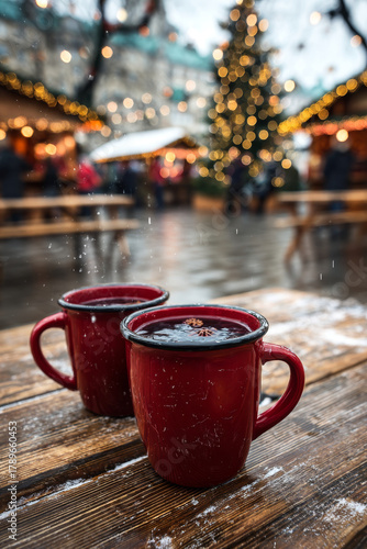 Two vibrant red mugs filled with steaming mulled wine, resting on a rustic wooden table, surrounded by a festive Christmas market ambiance, creating a cozy holiday atmosphere