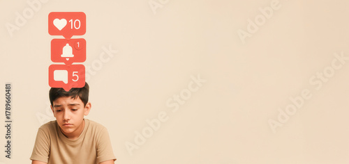 Boy under social media icons symbolizing digital pressure and constant online notification overload