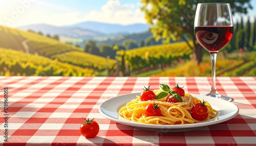 Classic Italian spaghetti and red wine on a checkered tablecloth overlooking a sunny Tuscan vineyard