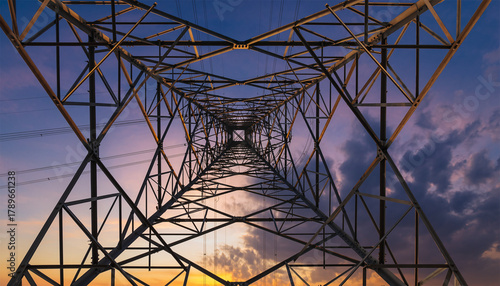 Looking up inside electrical transmission tower showing geometric metal framework against sunset sky