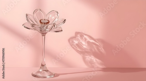 Ultra realistic transparent glass flower on soft pastel pink background with sunlight reflections