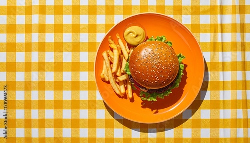 Classic hamburger and golden fries with mustard on orange plate, top view on yellow checkered cloth