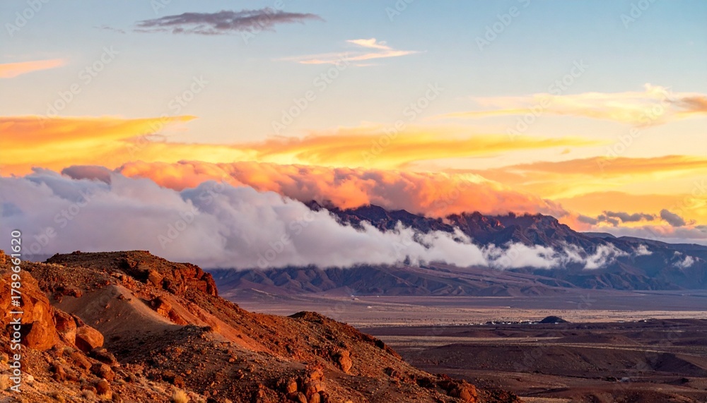 Obraz premium Vibrant Desert Sunset with Illuminated Cloudscape