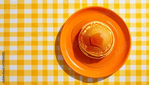Golden Pancakes Drizzled with Syrup on Orange Plate atop a Yellow Checkered Tablecloth