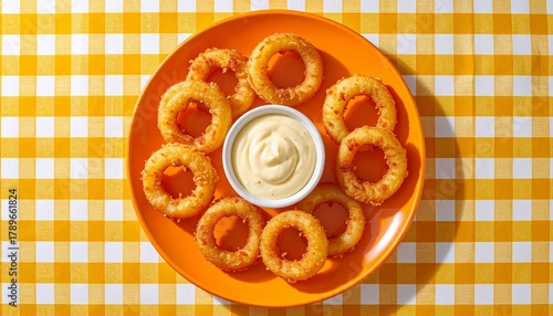 Top view of crispy golden onion rings on an orange plate with creamy dip on a yellow checkered tablecloth