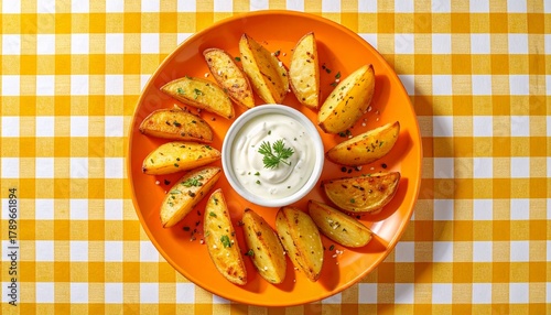 Delicious Potato Wedges with Creamy Dip A Top-Down View on an Orange Plate