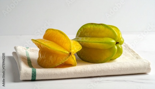 Two vibrant yellow-green star fruits, one whole and one sliced, resting on a striped beige cloth against a bright white backdrop