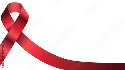 A bold red ribbon, forming a loop and tail, curves across a white background. The ribbon has a gradient of red and subtle line texture, symbolizing awareness