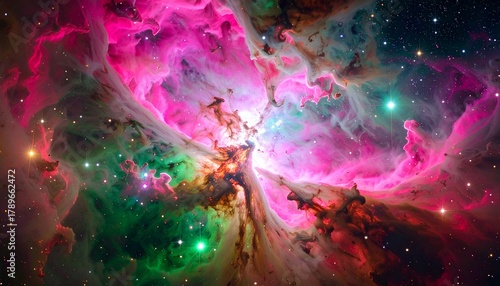 A breathtaking view of a vibrant and colorful cosmic nebula with glowing interstellar gas and dust
