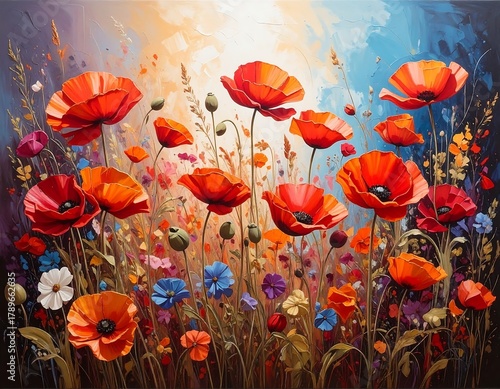 Vivid oil painting showcasing a vibrant field of poppies in full bloom, illuminated by sunlight