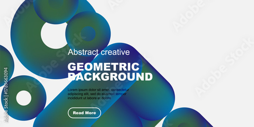 Abstract geometric shapes, vibrant blues, greens create modern background. Text overlay promotes further exploration.