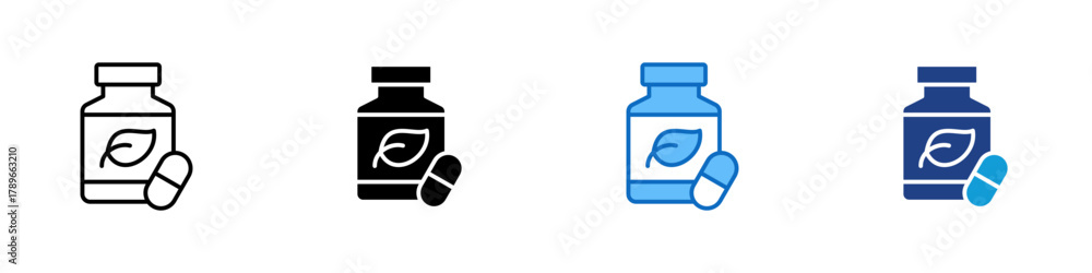 Obraz premium Supplement Multiple Style Icon Design Vector - bottle with a leaf and capsule symbolizing organic vitamins and daily nutrition support