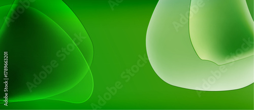 Abstract green shapes overlap, creating soft gradients. Minimalist design evokes calm, organic forms. Smooth textures suggest fluidity.