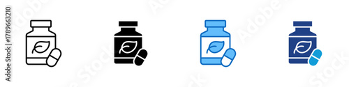 Supplement Multiple Style Icon Design Vector - bottle with a leaf and capsule symbolizing organic vitamins and daily nutrition support