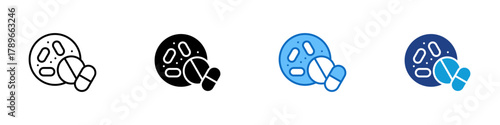 Antibiotics Multiple Style Icon Design Vector - Capsules and bacteria shapes representing antibiotics used to treat bacterial infections