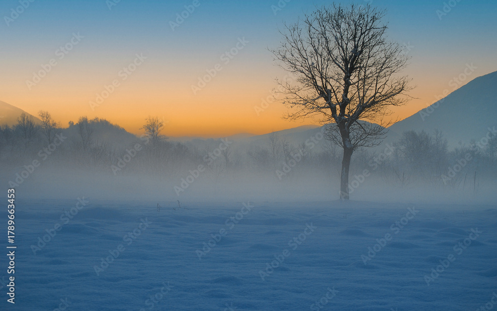 Fototapeta premium The sun rises behind the mountain and lights up the snow-covered meadow