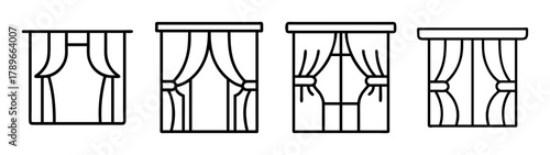 Window curtains and drapes line art icons for interior decor