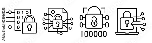 Digital security, data protection, and cyber safety icons set