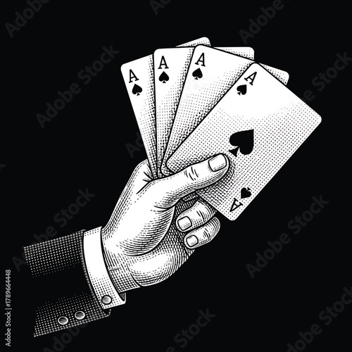 Hand holding four aces playing cards in black and white
