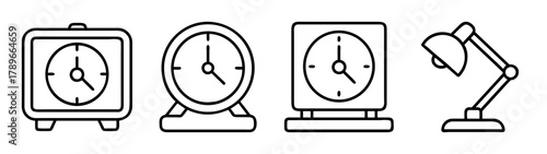Line art clocks and a desk lamp, time, work, office essentials