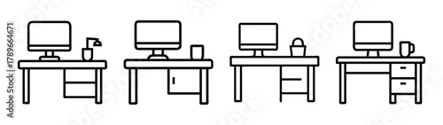 Minimalist office workspace with computer desk line icon set design.