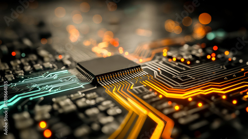 circuit board with neon glowing lines
