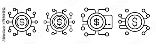 Blockchain digital dollar currency technology financial icons set.