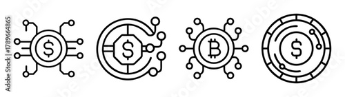 Fintech digital money icons, cryptocurrency and dollar symbols
