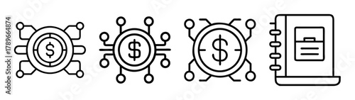 Fintech, digital money, and ledger icons for financial data records.