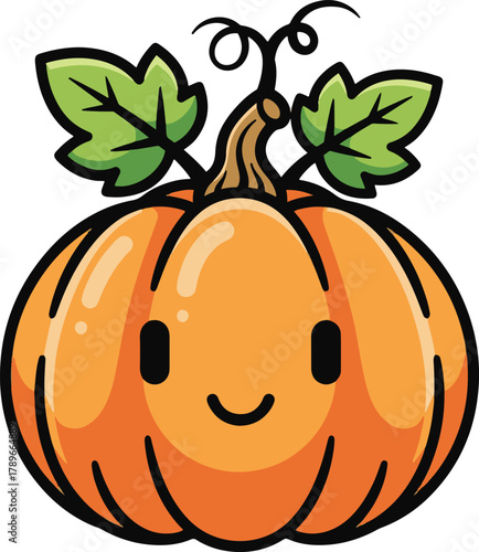 An extremely cute and round pumpkin character featuring a small, friendly smile and two simple, dark eyes, topped with a sturdy stem and two decorative leaves.