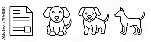 Outline vector icons: pet document, sitting puppy, standing dogs