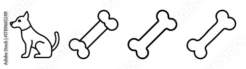 Sitting dog outline with three bones line art vector illustration