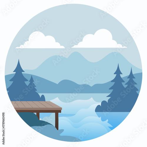 A serene view of a misty lake with a wooden pier and trees under a foggy sky in a tranquil setting landscape vector on white background.