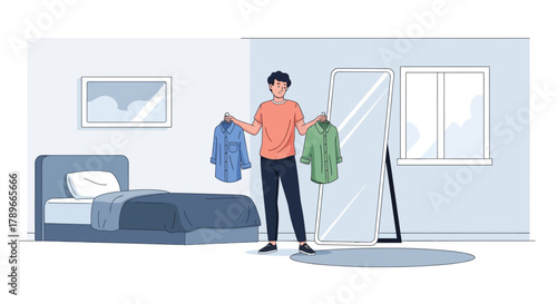 An illustration depicting a man choosing between two shirts in front of a mirror as part of his morning routine. This flat design emphasizes simplicity and daily decision-making.