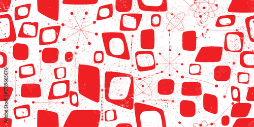 Vintage modern atomic seamless pattern with speckled and grainy texture, inspired by1950s and 1960s atomic age design, featuring abstract geometric shapes and orbit motifs in black, vector design.