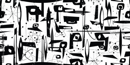 Vintage modern atomic seamless pattern with speckled and grainy texture, inspired by1950s and 1960s atomic age design, featuring abstract geometric shapes and orbit motifs in black, vector design.